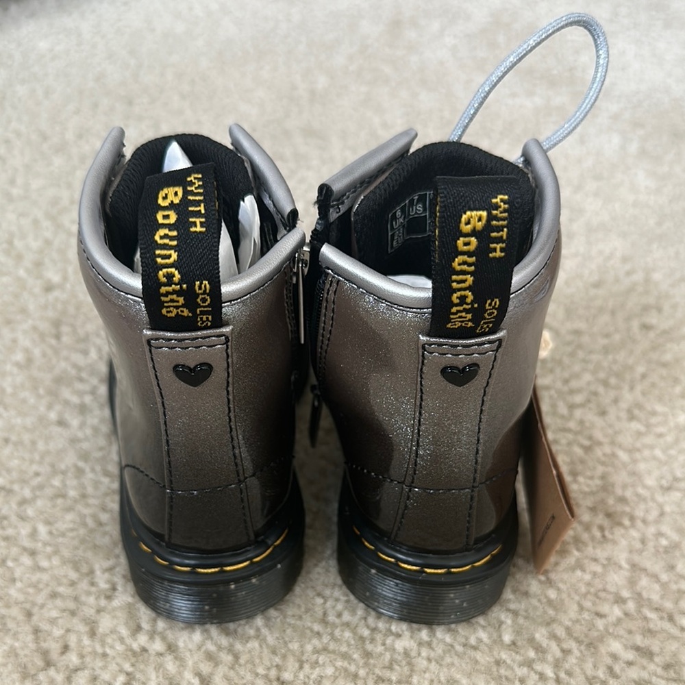 Dr. Martens Kids Shiny Gray Boots - Picture 2 of 3